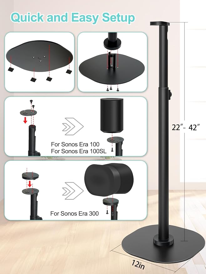 Haturi Single Speaker Stand for Sonos ERA 100 SL, ERA 100 & ERA 300, Adjustable 22”–42” Floor Stand with Cable Management, Heavy Duty Metal Construction, Non-Slip Base for Living Room Office, Black