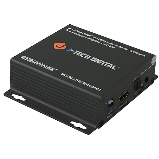 J-Tech Digital 4K 60HZ HDMI Audio Extractor with HDMI Audio Embedder Optical SPDIF + 3.5MM Output Supports 18Gpbs Bandwidth, HDCP 2.2, Dolby Digital/DTS Passthrough CEC, HDR10 [JTECH-18GAE2]