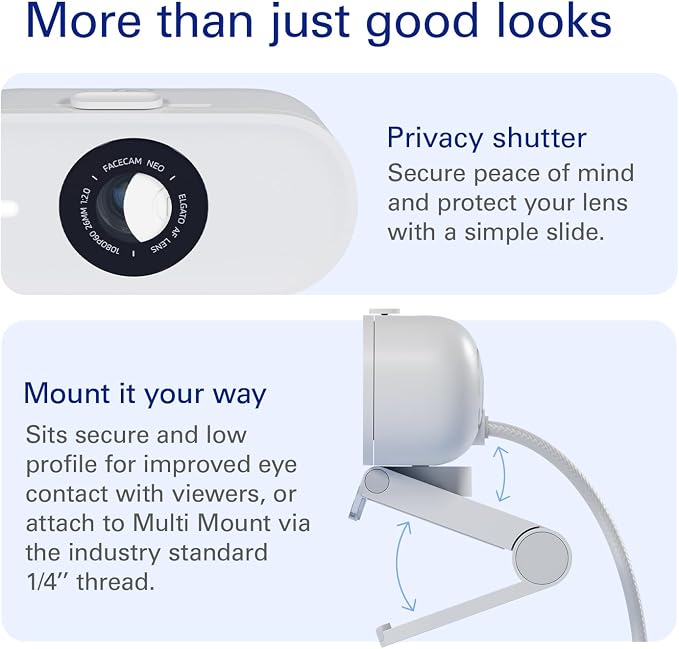 Elgato Facecam Neo – Full HD 1080 Pixels Webcam with Easy-Slide Privacy Shutter, Light Correction, for Video Calls, Streaming, Zoom/Slack/Twitch/YouTube, and More – USB-C/Plug & Play on PC/Laptop/Mac