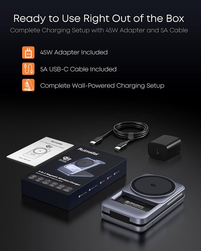 Qi2.2 25W 3-in-1 Foldable Magnetic Wireless Charger for iPhone, Night Light | Compatible with iPhone 17/16/15/14/13/12, Apple Watch & AirPods, 45W Adapter + 5A Cable, Case-Friendly up to 3 mm