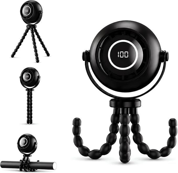 Portable Fan with Flexible Tripod, 4000mAh USB Rechargeable Mini Desk Fan with LED Display, 3 Speeds, 3 Light Modes, Clip On Quiet Small Fan for Dorm Bed Desk Stroller Camping Travel