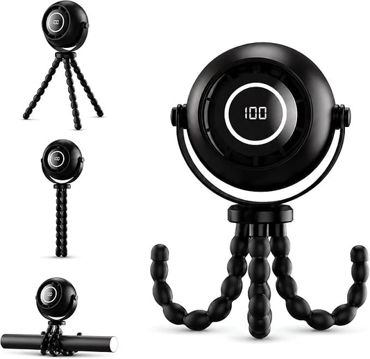 Portable Fan with Flexible Tripod, 4000mAh USB Rechargeable Mini Desk Fan with LED Display, 3 Speeds, 3 Light Modes, Clip On Quiet Small Fan for Dorm Bed Desk Stroller Camping Travel