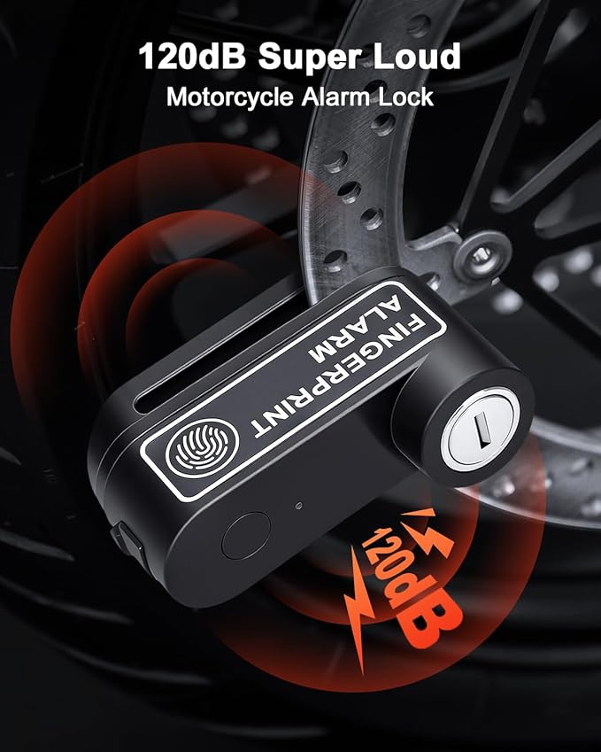 Motorcycle Disc Lock with Fingerprint Unlock, 120dB Anti-Theft Waterproof Alarm Brake Lock, 7mm Pin & 5ft Reminder Cable, for Motorcycles Bike Scooter