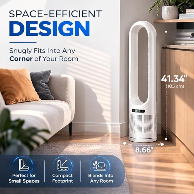 41" Bladeless Tower Fan with Air Filter, 80° Oscillating Fan with Remote Control, 8 Speeds, 8H Timer, Quiet Cooling Fan with LED Display, Standing Fan for Bedroom, Home, Office