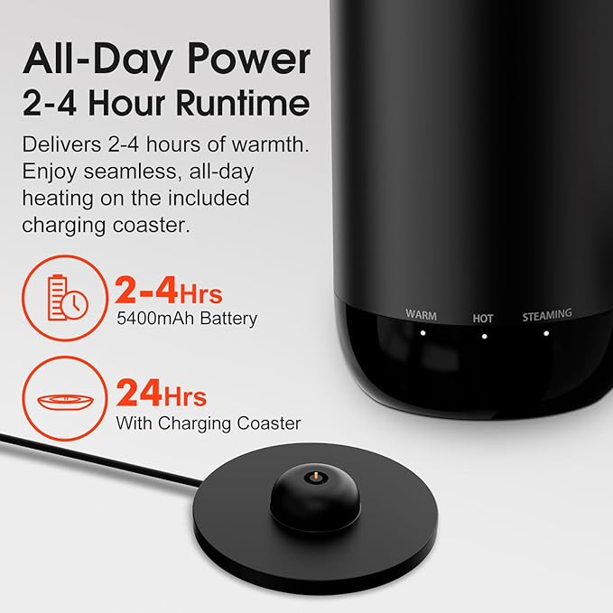 Vsitoo S5 Self Heating Travel Mug 16oz, Rechargeable Coffee Mug with Car Charger Kit, AI Auto-Sensing Temp Control Heated Cup for Home Office Car, App Control, Gift Women Men - Black