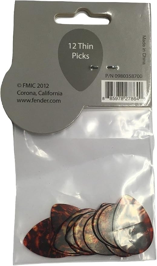 Fender Classic Celluloid Guitar Picks 358 Shape, Guitar Accessories, Tortoise Shell, Thin, 12-Pack