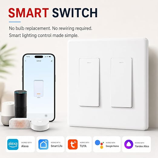 Smart Switch 2 Gang, Neutral Wire Required, 2.4GHz Wi-Fi Light Switch Compatible with Alexa and Google Home, UL Certified
