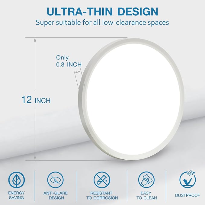 12 Inch Dimmable LED Flush Mount Ceiling Light 2 Pack, 24W 2640LM, Low Profile Ceiling Light with 3 CCT (3000K/4000K/5000K), 5%-100% Dimming for Bedroom, Basement & Closets, White