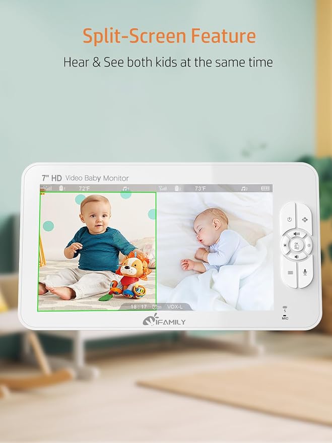 iFamily 7" Large Split Baby Monitor with 2 HD Cameras and Audio, 1080P HD Video Baby Monitor No WiFi,Hack Proof, up to 120hr Battery Life, Built-in White Noise& lullabies
