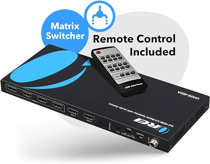 OREI 4K@60Hz 4×2 HDMI 2.0 Matrix with Audio Extraction, HDCP 2.2/1.4, HDR (Dolby Vision / HDR10+ / HLG), ARC, EDID, 4K-to-1080p Downscaling, Optical & Analog Audio Out, IR Remote (UHDS-402A)