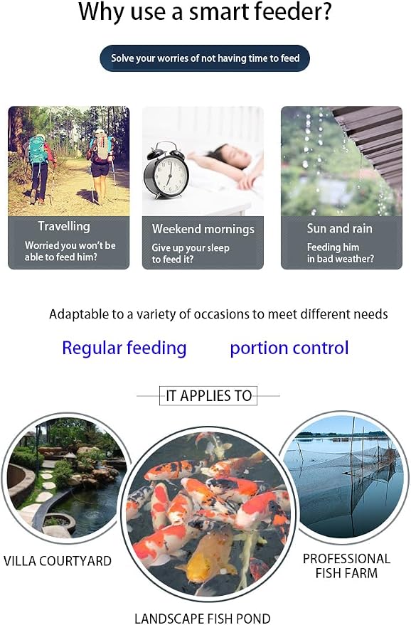 10L Pond feeder, Automatic fish feeder for pond outdoor, Fish feeder automatic dispenser, Timer High Capacity for Vacations & Hot or cold weather- battery powered