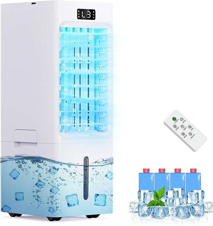 Windowless Portable Air Conditioners, 6L Swamp Cooler, 3-IN-1 Evaporative Air Cooler with 4 Ice Packs, 4 Modes & 3 Speeds, Auto Oscillating, 12H Timer, Remote, Quiet Cooling Fan for Home