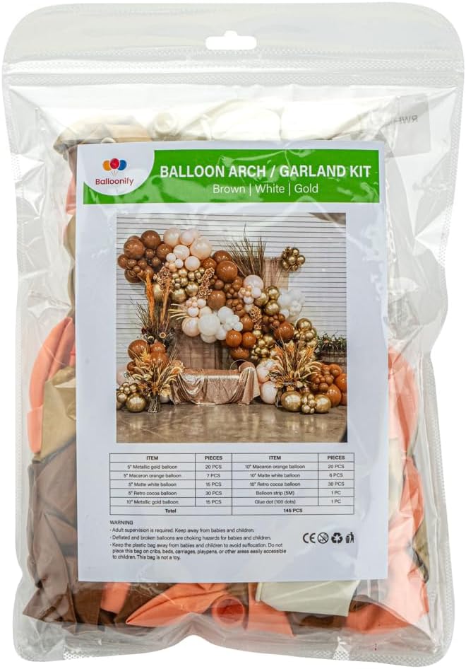 Restaurantware-Balloonify Balloon Garland Set, 1 Party Decoration Kit - 143 Balloons, With Chain, Brown, White, & Gold Latex Balloon Arch Kit, Includes Glue Dots