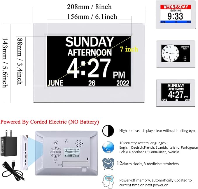 AINFTIME DST Clock with Day and Date for Elderly-3 Display Digital Calendar Alarm Day Dementia Alzheimers Clock with Extra Large Display (7in White)