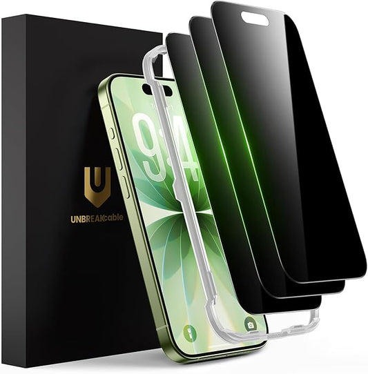 UNBREAKcable Privacy Screen Protector for iPhone 17 (6.3"), 25° Anti-Spy Tempered Glass, Easy Install Alignment Frame, Case-Friendly, 9H Hardness, Anti-Fingerprint, 3-Pack