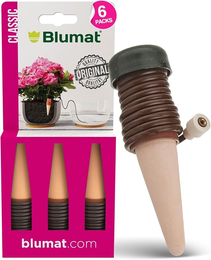 Blumat Classic Self-Watering Stakes - Prevents Overwatering and Underwatering for Healthy Growth While You are Away - Ideal for Indoor Plant Watering (6 Pack w/o Adapter)