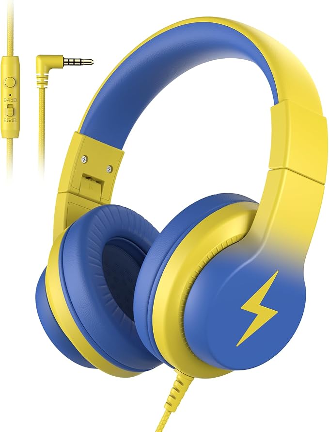 Candy Bila Kids Headphones, Wired Headphones for Kids Over Ear with Microphone, 85/94dB Volume Headphone for Girls Boys, Foldable Headphone for Learning & Entertainment, Light Yellow