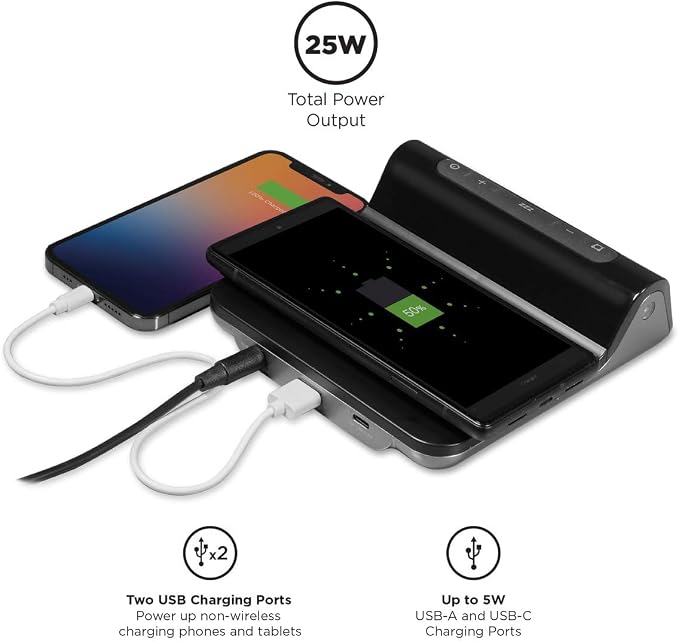 iHome 3-in-1 Magnetic Fast Wireless Charging Clock for Magsafe Enabled Devices, USB-C and USB-A Charging, 25W Total Power Output (iW23)