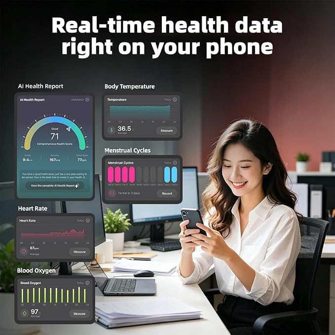 Smart Ring | No Subscription, Heart Rate & Blood Oxygen Monitoring, Sleep & Women’s Health Tracking, AI Health Advisor, IP68 Waterproof Fitness Ring for Android & iOS (Gold, 8#)