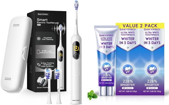 SAKYPRORAL G5S Electric Toothbrush (White) + Ultra White Toothpaste 2 Pack, 150-Day Rechargeable Toothbrush, Visibly Whitens Yellow Teeth