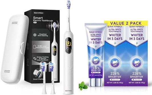SAKYPRORAL G5S Electric Toothbrush (White) + Ultra White Toothpaste 2 Pack, 150-Day Rechargeable Toothbrush, Visibly Whitens Yellow Teeth