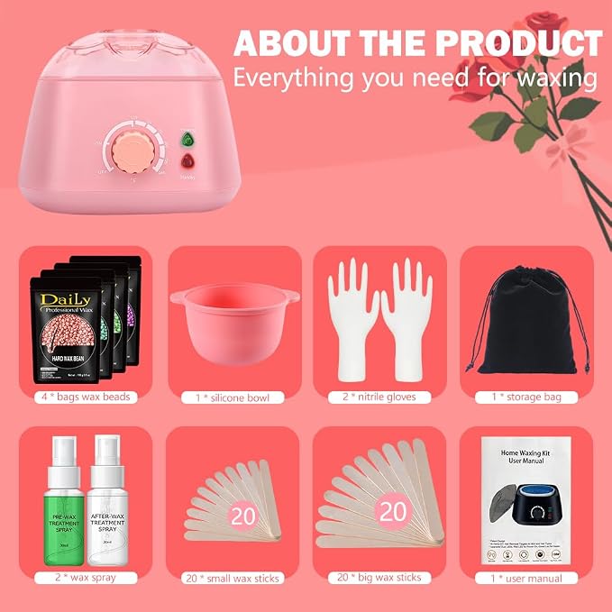 Wax Warmer Kit for Sensitive Skin - Professional Hard Wax Beans Kit with Silicone Liner, Gloves & Storage Bag, BPA-Free & Dermatologist Tested for Face, Bikini Line, Legs & Full Body (PINK)
