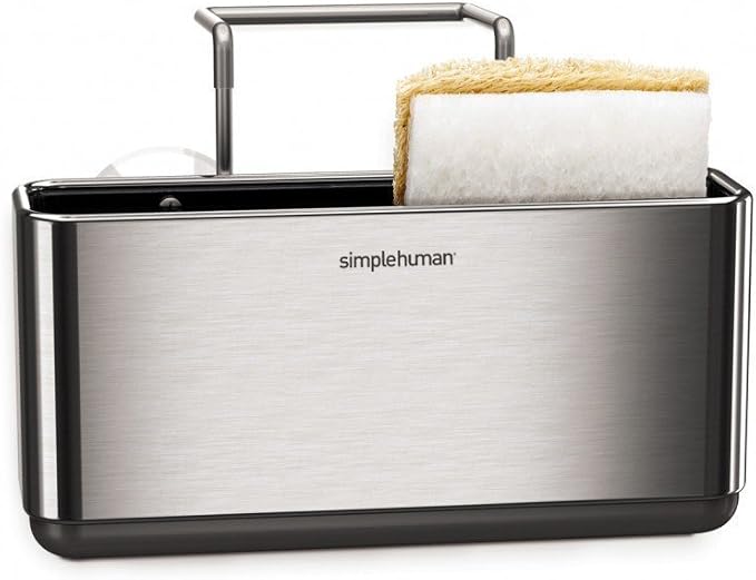 simplehuman 8 oz. Touch-Free Sensor Liquid Soap Pump Dispenser with Soap Sample, Brushed Nickel and simplehuman Slim Sink Caddy Sponge Holder, Brushed Stainless Steel