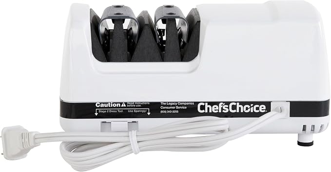 Chef'sChoice Professional Electric Knife Sharpeners FlexHone/Strop With 100-Percent Diamond Abrasives And Precision Angle Guides For 20-Degree Straight-Edge and Serrated Knives, 2-Stage, White