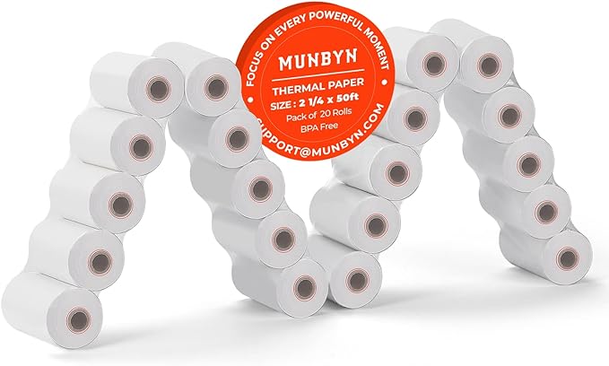 MUNBYN 2 1/4 x 50ft Thermal Paper (20 Rolls), BPA Free Receipt Paper, 58mm Thermal Receipt Paper Fits 58mm Mini Thermal POS Printer & Square Terminal Credit Card Machines