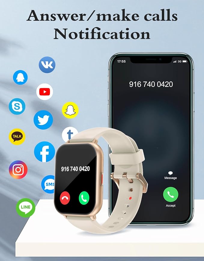 RUIMEN Smart Watches for Women Men (Answer/Make Calls, 2 Bands Included), 1.8" Smartwatch for iOS/Android Phones, Fitness Tracker Heart Rate/Sleep Monitor Digital Watch Waterproof Milky White