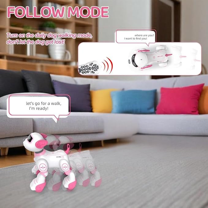 Robot Puppy Dog, Robot Puppy with Dance, Music, Light Effects, Interactive Programmable Intelligent Remote Control Dog AI Toys for Teens Adults Chrismas Birthday (Pink)