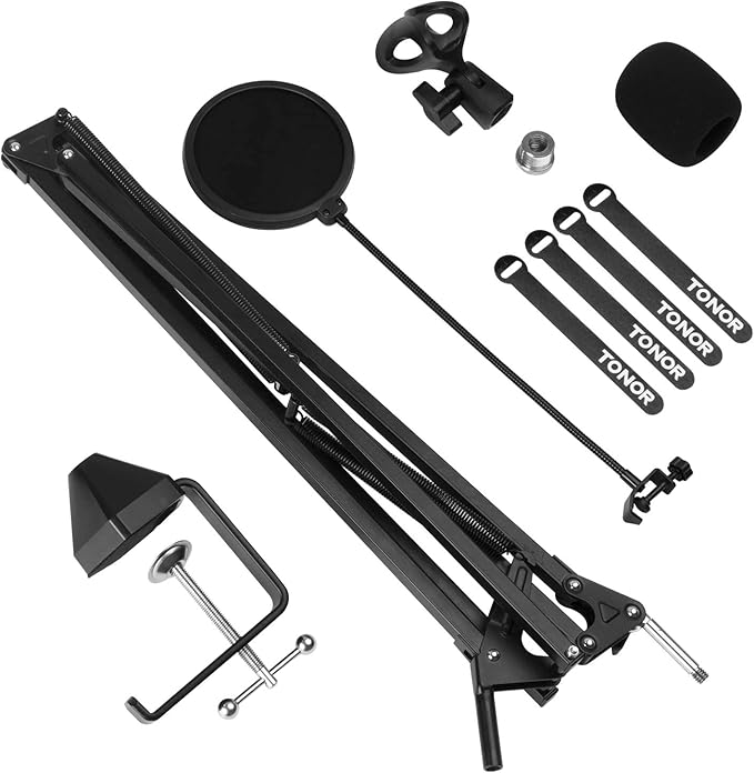 TONOR Microphone Arm Stand, Adjustable Suspension Boom Scissor Mic Stand with Pop Filter, 3/8" to 5/8" Adapter, Excellent Compatibility, Mic Clip, Upgraded Heavy Duty Clamp, 47 cm + 47cm, T30