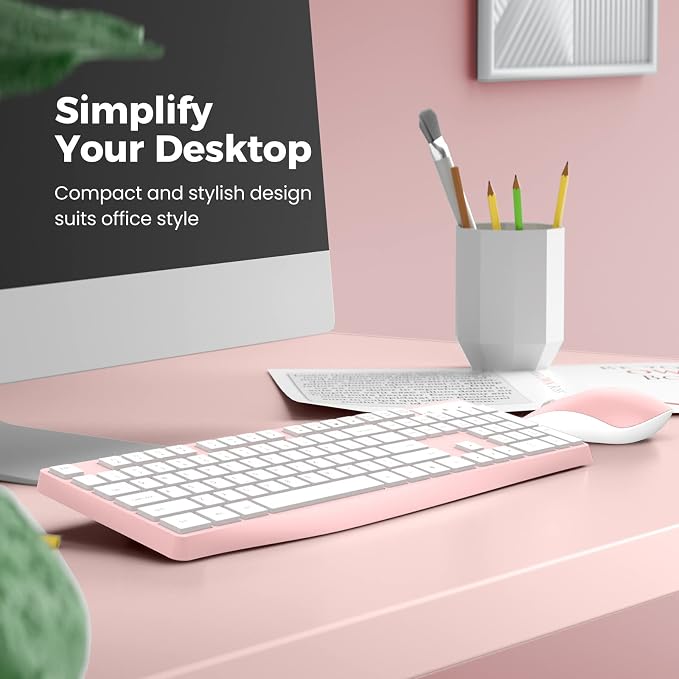 Wireless Keyboard and Mouse Combo, Lovaky 2.4G Full-Sized Ergonomic Keyboard Mouse, 3 DPI Adjustable Cordless USB Keyboard and Mouse, Quiet Click for Computer/Laptop/Windows/Mac (1 Pack, Pink)