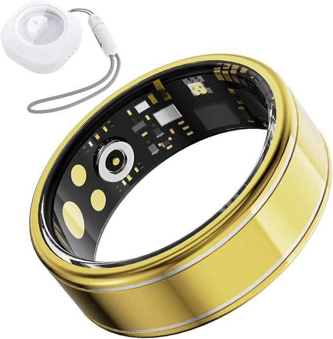 Health Fitness Tracker Ring for Women Men – Smart Ring with Heart Rate, SpO2, Blood Pressure, Sleep Monitoring with Charging Case,Remote Photography, Family Care, No Subscription Fee (Gold 11)