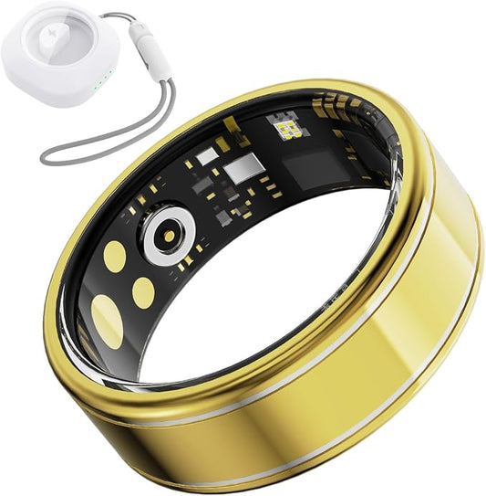 Health Fitness Tracker Ring for Women Men – Smart Ring with Heart Rate, SpO2, Blood Pressure, Sleep Monitoring with Charging Case,Remote Photography, Family Care, No Subscription Fee (Gold 11)