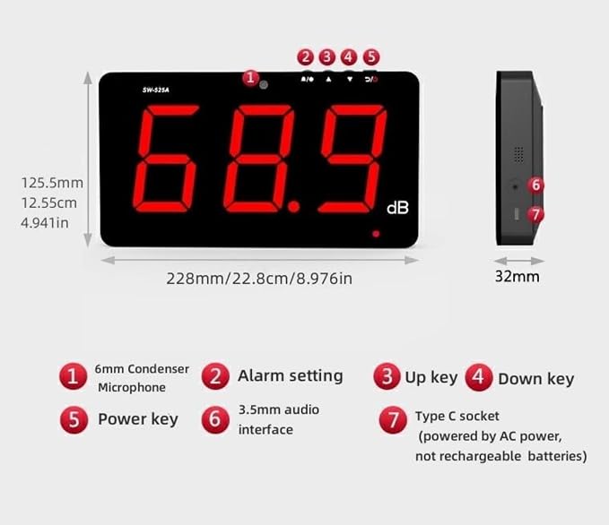 SW-525A Sound Level Meter Tester 30-130db Large Screen Red LCD Display Wall Hanging Type Decibel Noise Measuring with Alarm (Sound Level Meter)