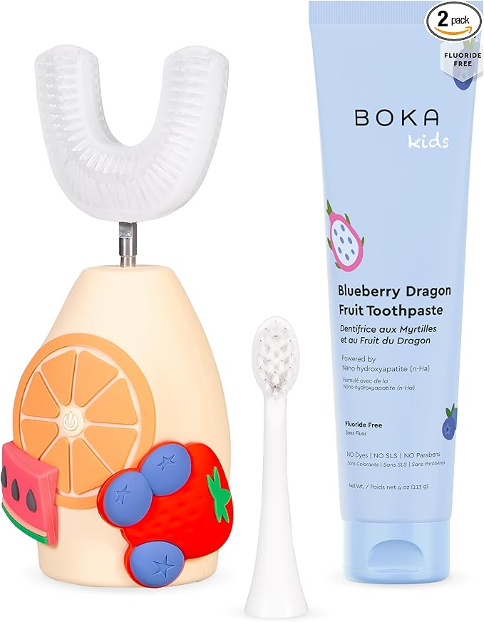 Boka Fluoride Free Toothpaste Nano Hydroxyapatite Toothpaste - Blueberry Dragon Fruit 4 oz, Boka Kids Sonic Electric Toothbrush - Oral Care, U Brush and Nylon Brush Bundle