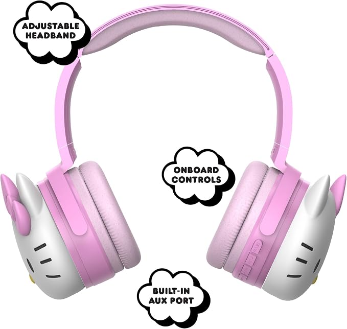 Hello Kitty 2-in-1 Wireless Bluetooth Headphones with Wired Earbuds – Foldable Over-Ear Headset with Built-in Mic, AUX Cable, Adjustable Headband, and Onboard Controls – Pink