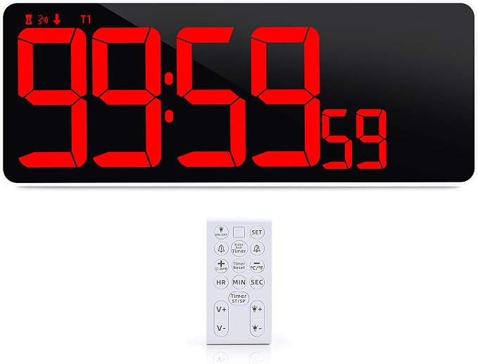 13.7”Digital Timer Large LED Screen displays（5'' Number）,The Date time, Remote Control, Turn on/Off 10 Seconds Countdown Voice Notification, for Chefs,Students, Children, Seniors