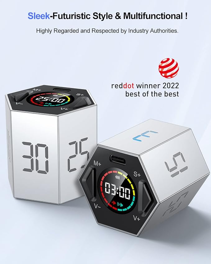 Ticktime Pomodoro Timer, Productivity Timer Cube, 3/5/10/15/25/30 Min Presets, Custom Countdown & Stopwatch 1s–99m59s, Sound/Vibration/Silent, Magnetic, Rechargeable, for ADHD Study Work, Gray