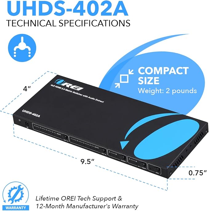 OREI 4K@60Hz 4×2 HDMI 2.0 Matrix with Audio Extraction, HDCP 2.2/1.4, HDR (Dolby Vision / HDR10+ / HLG), ARC, EDID, 4K-to-1080p Downscaling, Optical & Analog Audio Out, IR Remote (UHDS-402A)