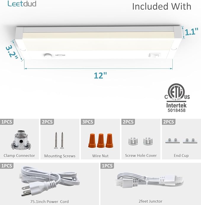 Leetdud Under Cabinet Lighting Plug in or Hardwired Built-in Dimmer, 12 Inch 6W, 5CCT 2700/3000/3500/4000/5000K, Linkable Counter Lights for Kitchen, ETL Dimmable LED Light Fixture, White