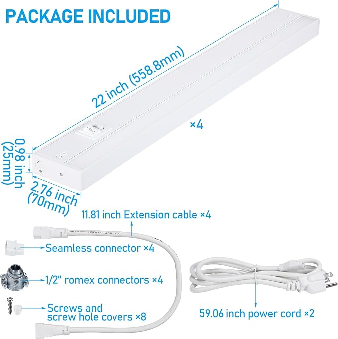 TORCHSTAR 4-Pack 22 Inch LED Under Cabinet Lighting 5CCT, ETL T24, 14W 1050LM, Hardwired & Plug-in, 5 Color Selectable CRI90 120V, Dimmable Under Counter Lights for Kitchen, White Aluminum Housing