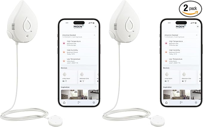 Moen Flo Smart Water Leak Detector, Drip or Flood Sensor Alarm for Home, 2-Pack, White, 920-004