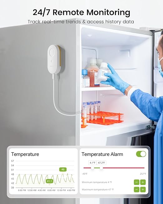 MOCREO WiFi Refrigerator Thermometer, Remote Email & App Alert, 2 Years Data Export, 1 Smart Temperature Sensor Frezzer Alarm with Digital Monitor Hub for Home, Kitchen, Fridge