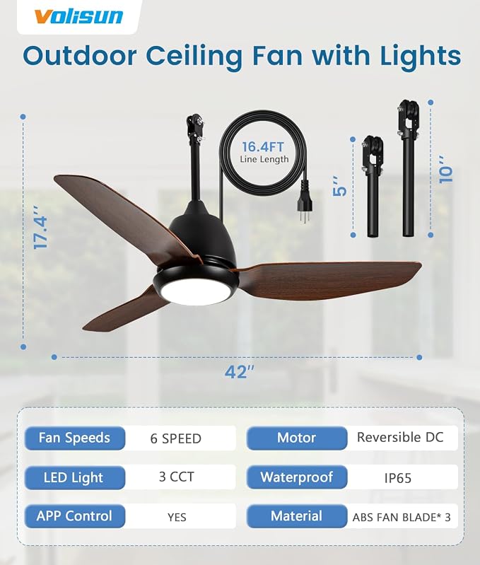 VOLISUN Outdoor Ceiling Fans with Light for Patios, 42in Weatherproof Plug in Ceiling Fan, 3CCT Dimmable Gazebo Ceiling Fan Remote&APP Control, Brown Caged Ceiling Fan for Porch, Pergola,Canopy