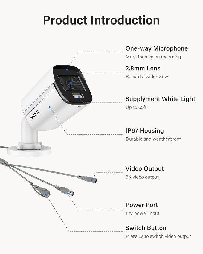 ANNKE 3K Add-On Security Bullet Camera with Full Color Night Vision, 4-in-1 TVI/AHD/CVI/CVBS CCTV Surveillance Wired Cam with Built-in Mic, 2.8mm Lens, IP67 Weatherproof, (Cable & Adapter Included)