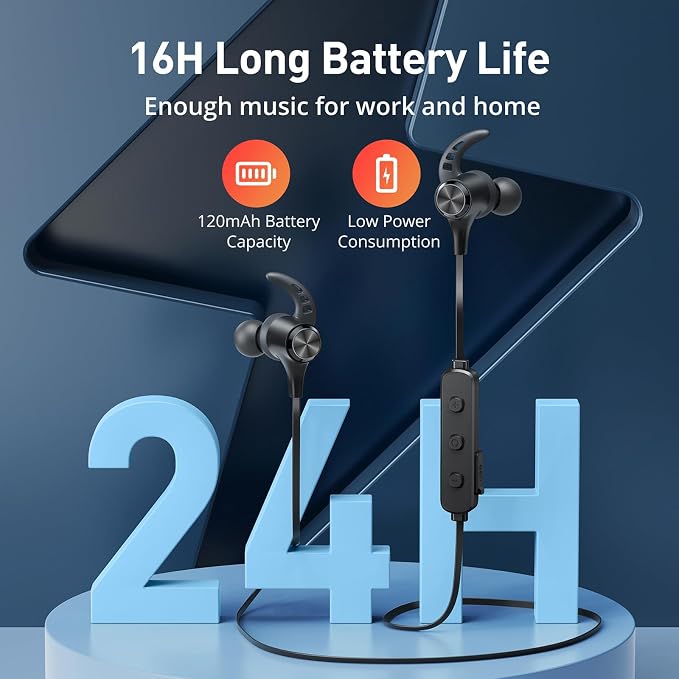 Wireless Headphones, Bluetooth 5.2 Stereo aptX Wireless Earbuds Bass Bluetooth Earbuds Bulit-in Mic with 16H Playtime, Magnetic, IPX7 Waterproof Perfect for Sport, Gym, Normal, Dark Pitch