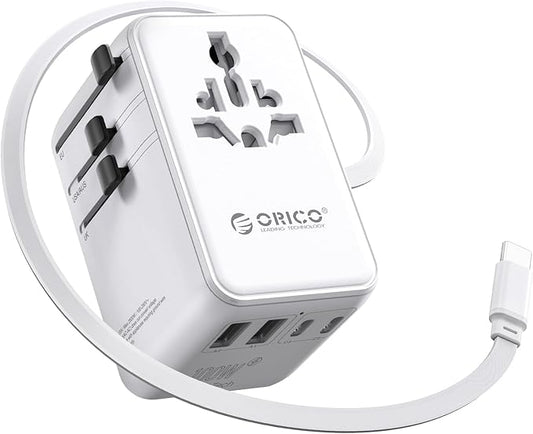 ORICO Universal Travel Adapter 100W GaN International Power Adapter with 2 AC, 3 USB-C and 2 USB-A Ports, Built-in Retractable USB-C Cable, European Travel Plug Adapter for Eu US UK AU &200+ Countries