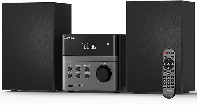 Home CD Stereo Shelf System, 30W Micro HiFi System (with CD Player, FM Radio, Bluetooth 5.3, USB Playback, AUX-in, Headphone Jack, Remote Control, DSP-Tech